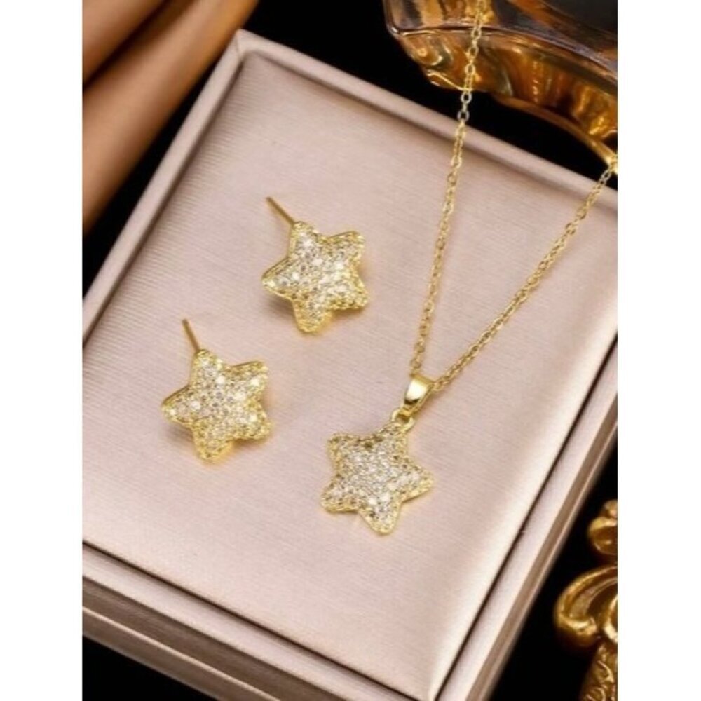 18k Golden Plated Stainless Steel Zirconia Star Necklace And Stud Earrings Set